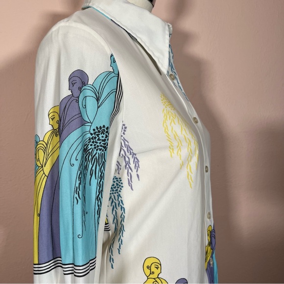 Vintage 1970 Mod Art Deco Lady Print Dagger collar Blouse - Picture 4 of 17